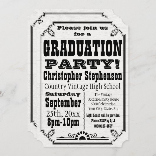 ヴィンテージカントリーホワイト卒業パーティー招待状 招待状 (正面/裏面)