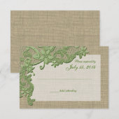 ヴィンテージカントリーレースデザインとバーラップグリーン 出欠カード (正面/裏面)
