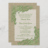 ヴィンテージカントリーレースデザインとバーラップグリーン 招待状 (正面/裏面)