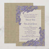 ヴィンテージカントリーレースデザインとバーラップパープル 招待状 (正面/裏面)