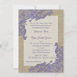 ヴィンテージカントリーレースデザインとバーラップパープル 招待状