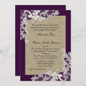 ヴィンテージカントリーレースデザインとバーラップパープル 招待状 (正面/裏面)