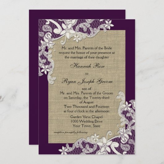 ヴィンテージカントリーレースデザインとバーラップパープル 招待状 (正面/裏面)