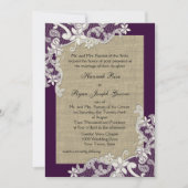 ヴィンテージカントリーレースデザインとバーラップパープル 招待状 (正面)