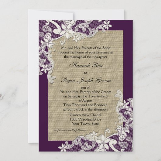 ヴィンテージカントリーレースデザインとバーラップパープル 招待状 (正面)
