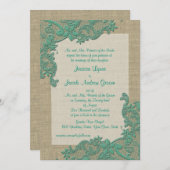 ヴィンテージカントリーレースデザインティール（緑がかった色）グリーン 招待状 (正面/裏面)