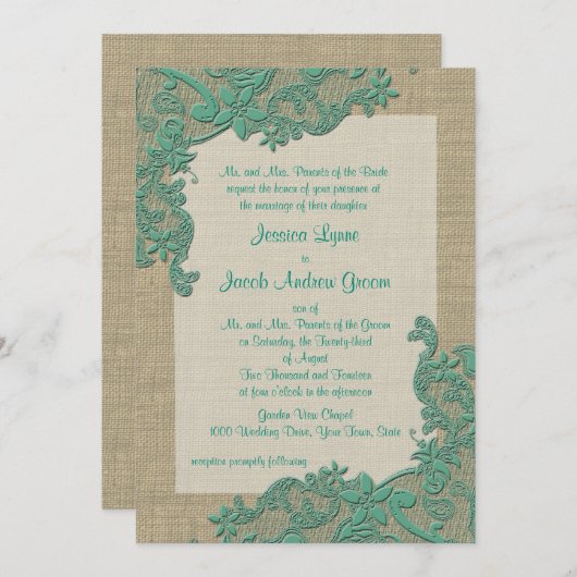 ヴィンテージカントリーレースデザインティール(緑がかった色)グリーン 招待状 (正面/裏面)