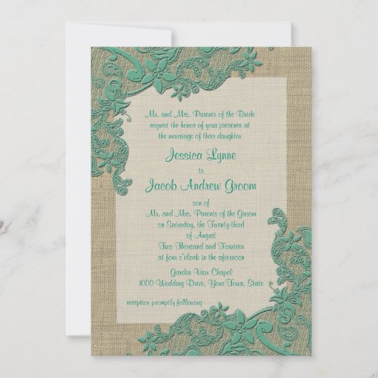 ヴィンテージカントリーレースデザインティール（緑がかった色）グリーン 招待状 (正面)