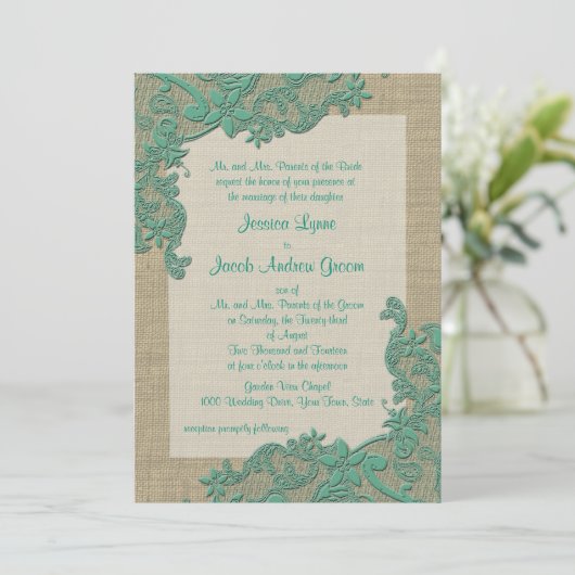 ヴィンテージカントリーレースデザインティール（緑がかった色）グリーン 招待状 (スタンド正面)