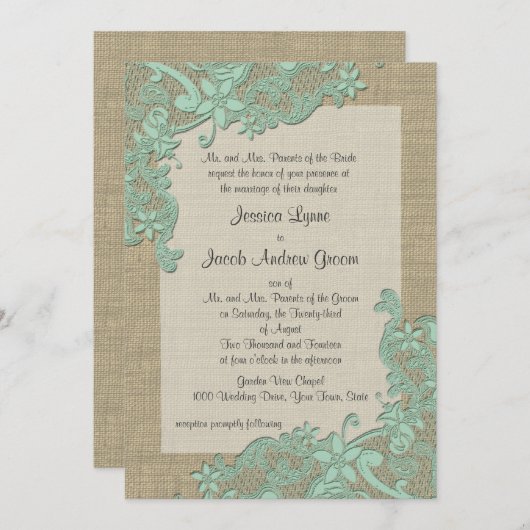 ヴィンテージカントリーレースデザインミントグリーン 招待状 (正面/裏面)