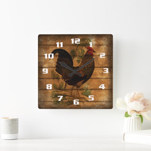 ヴィンテージカントリーロースター素朴オンウッド スクエア壁時計 (ホーム)