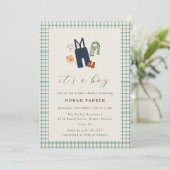 ヴィンテージカントリー格子縞の少年の服ベビーシャワー 招待状 (スタンド正面)