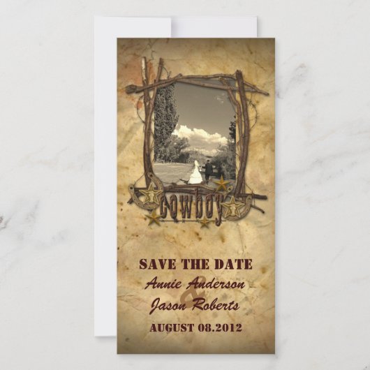 ヴィンテージカントリー結婚カウボーイフォトカード セーブザデート (正面)