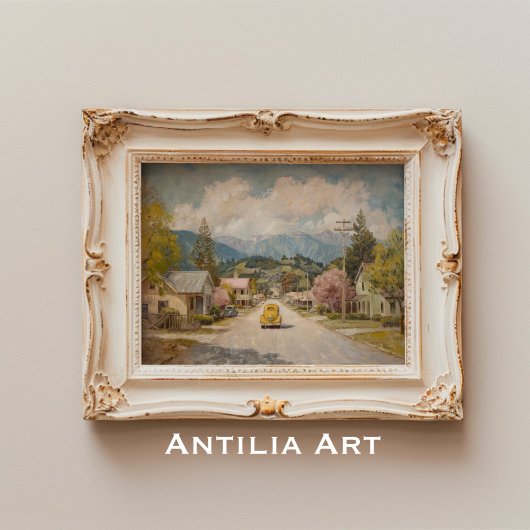 ヴィンテージカントリー絵を描タウン素朴イエローカー ポスター