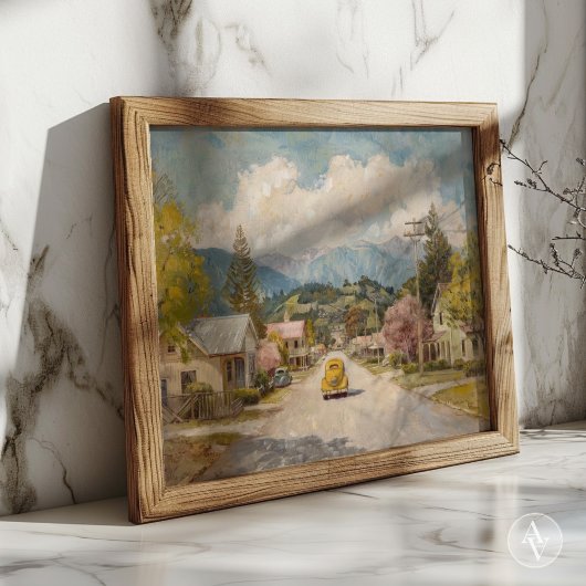 ヴィンテージカントリー絵を描タウン素朴イエローカー ポスター