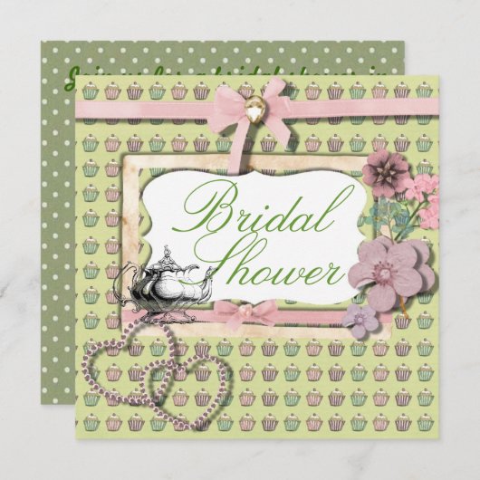 ヴィンテージカントリー茶パーティーブライダルシャワー招待 招待状 (正面/裏面)