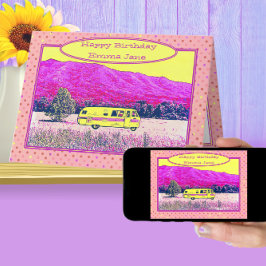 ヴィンテージカンパーバンハッピーバースデーピンク水玉模様 カード