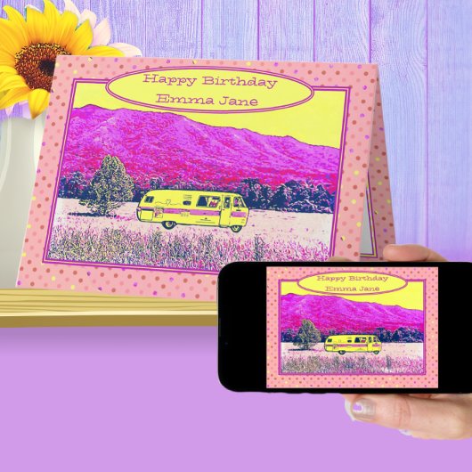 ヴィンテージカンパーバンハッピーバースデーピンク水玉模様 カード