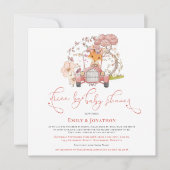 ヴィンテージカーかわいいキツネコーラルドライブバイベビーシャワー 招待状 (正面)