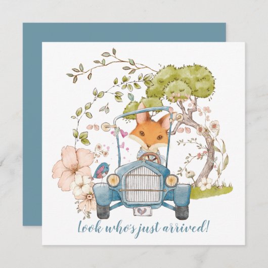 ヴィンテージカーかわいいキツネ少年の誕生のお知らせ (正面/裏面)