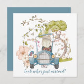 ヴィンテージカーかわいいバニー少年の誕生のお知らせ (正面/裏面)