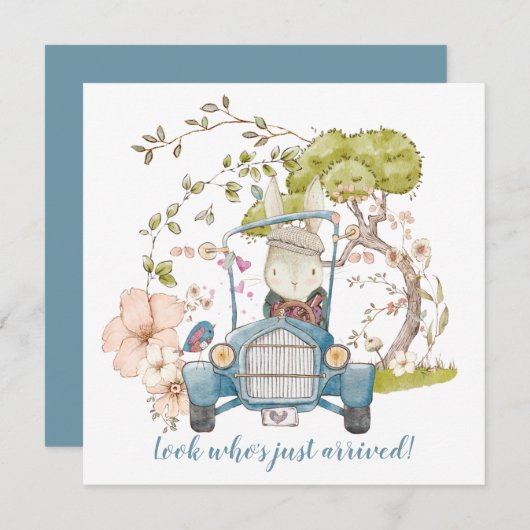 ヴィンテージカーかわいいバニー少年の誕生のお知らせ (正面/裏面)