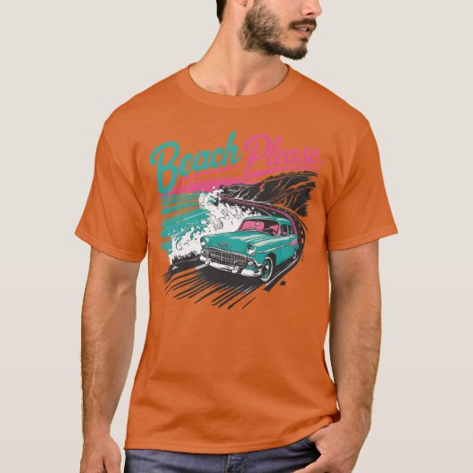 ヴィンテージカーが海岸沿いを走る フレンド ギフト 贈り物 Tシャツ (正面)