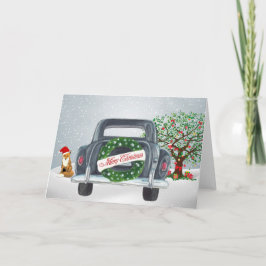 ヴィンテージカーとキツネクリスマスカード シーズンカード