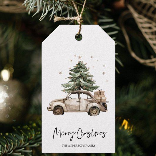 ヴィンテージカーとクリスマスツリーのギフト ギフトタグ