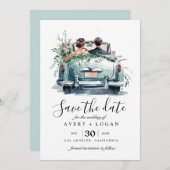 ヴィンテージカーの水彩画のカップル・Save the Date 招待状 (正面/裏面)