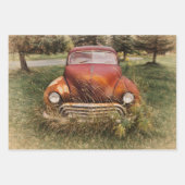 ヴィンテージカーアンティークレッドオールドデカ素朴ップ ラッピングペーパーシート (正面)