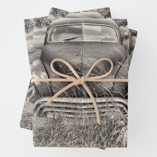 ヴィンテージカーアンティーク白黒素朴 ラッピングペーパーシート (インサイチュ)