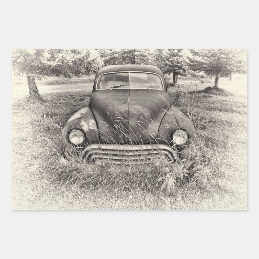 ヴィンテージカーアンティーク白黒素朴 ラッピングペーパーシート (正面)