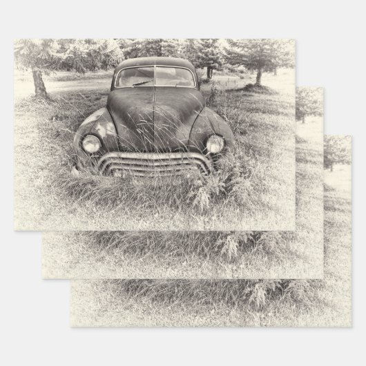 ヴィンテージカーアンティーク白黒素朴 ラッピングペーパーシート (セット)
