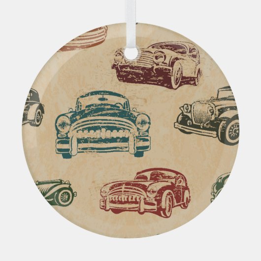 ヴィンテージカーイラストレーション背景パターン ガラスオーナメント (正面)
