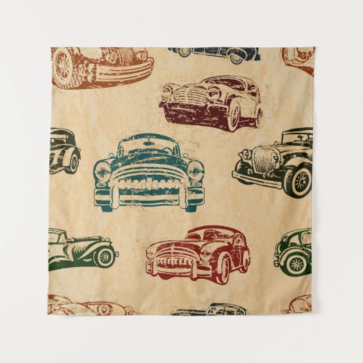 ヴィンテージカーイラストレーション背景パターン タペストリー (正面)