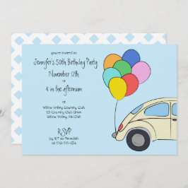 ヴィンテージカーカラフルとバルーンスケッチ誕生日 招待状