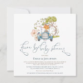 ヴィンテージカーキツネターコイズボーイドライブバイベビーシャワー 招待状 (正面)