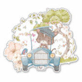 ヴィンテージカーキュートキャットドライビングボタニカル男の赤ちゃん シール (正面)