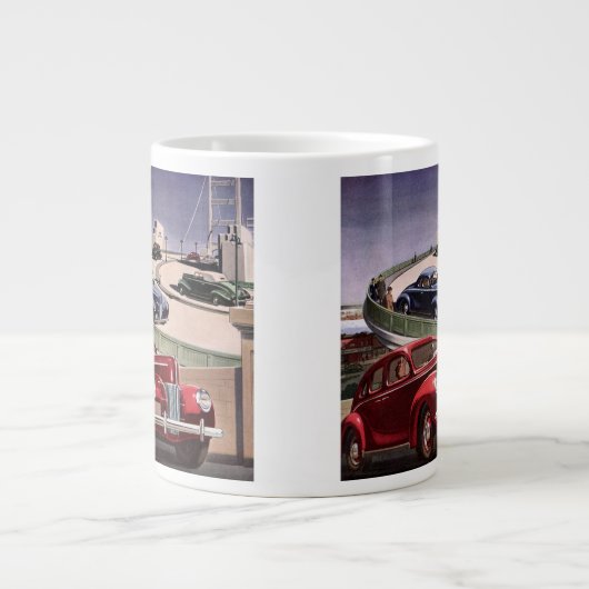 ヴィンテージカークラシック、高速道路セダンのロードトリップ ジャンボコーヒーマグカップ (正面)