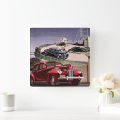 ヴィンテージカークラシック、高速道路セダンのロードトリップ スクエア壁時計 (ホーム)