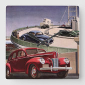 ヴィンテージカークラシック、高速道路セダンのロードトリップ スクエア壁時計 (正面)