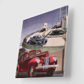 ヴィンテージカークラシック、高速道路セダンのロードトリップ スクエア壁時計 (傾斜)