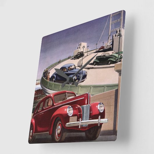 ヴィンテージカークラシック、高速道路セダンのロードトリップ スクエア壁時計 (傾斜)