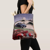 ヴィンテージカークラシック、高速道路セダンのロードトリップ トートバッグ (クローズアップ)