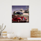 ヴィンテージカークラシック、高速道路セダンのロードトリップ ポスター (キッチン)