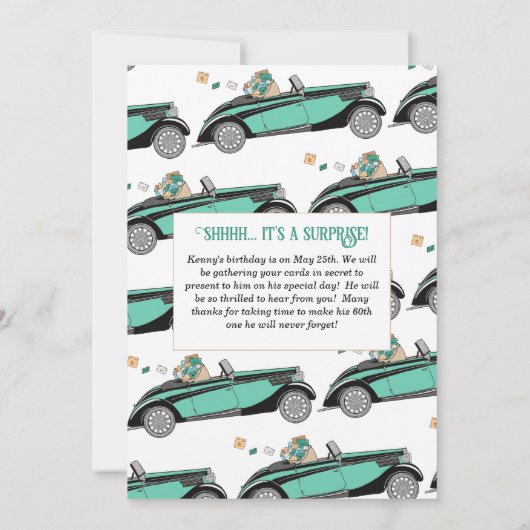 ヴィンテージカーサプライズシャワーバイメール誕生日 招待状 (裏面)