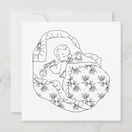 ヴィンテージカードの女の子のベビーシャワー ラインアートぬりえ 招待状