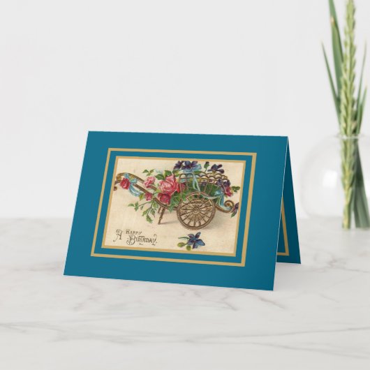 ヴィンテージカードフローラカート花ハッピーバースデー カード (正面)
