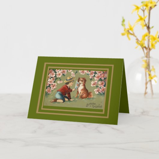 ヴィンテージカード男の子と犬の誕生日の挨拶 カード (黄色い花)